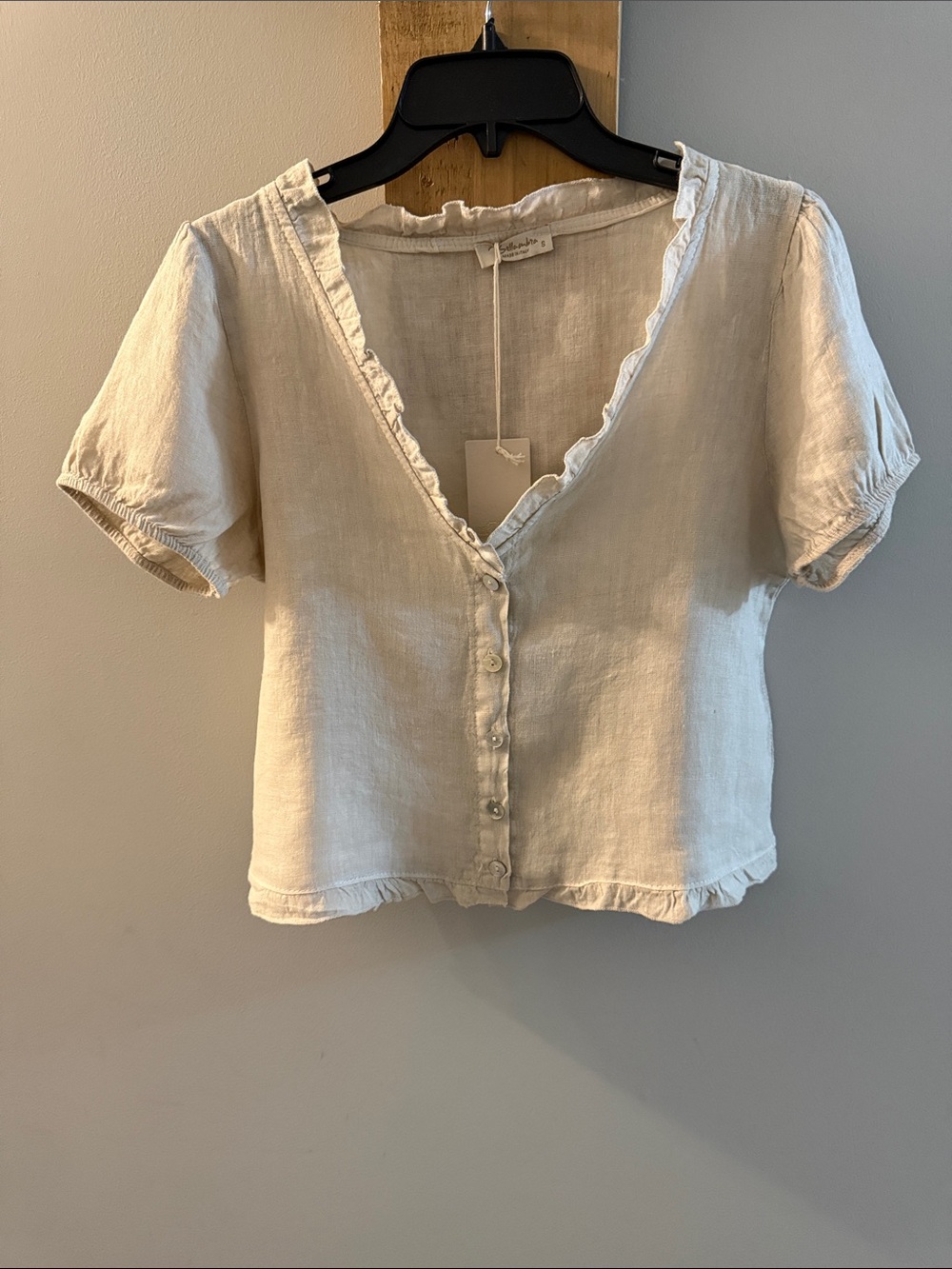 V-Neck 100% linen Button Front Top - Cream